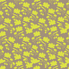 Fototapeta premium Seamless floral pattern, liberty ditsy print of pretty decorative art meadow, mini wild plants. Cute botanical design: small hand drawn flowers, simple tiny grass, leaves. Vector illustration.