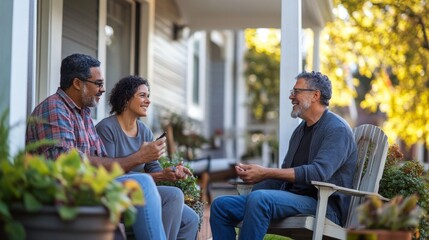 Gathering of friends enjoying a joyful conversation on a sunlit porch surrounded by greenery and warm autumn colors
