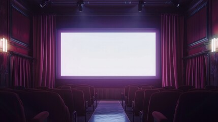Fototapeta premium Cozy vintage cinema with empty seats and large blank screen in dim lighting