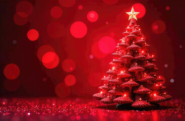 Red christmas Tree In Red Glitter Background - With Abstract Lights 