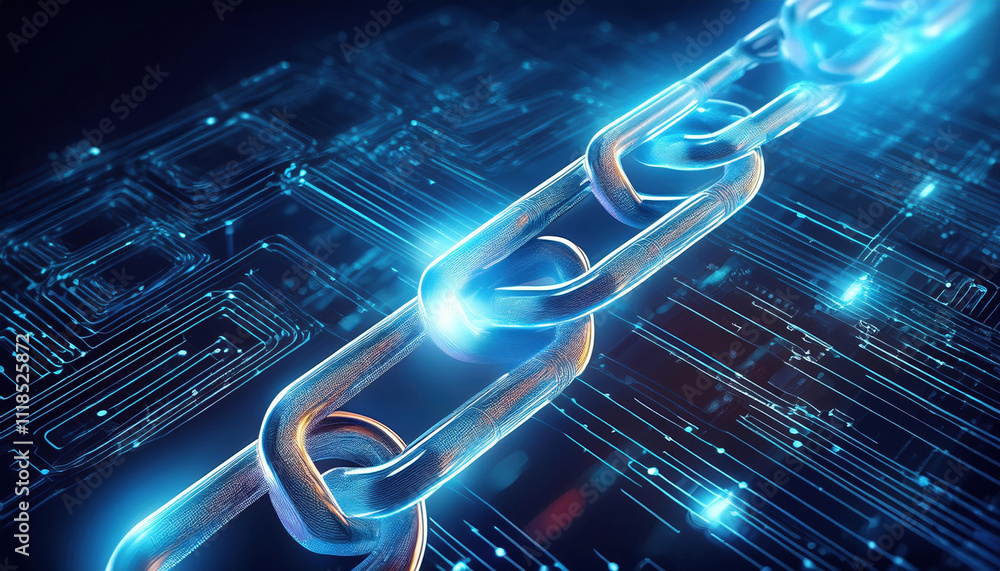 Poster glowing blockchain chain link symbolizes secure transactions and connectivity in digital technology.