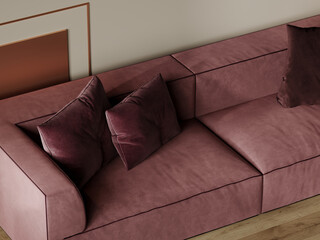 Closeup sofa with decorative pillows. Accent pale dusty pink color