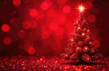 Red christmas Tree In Red Glitter Background - With Abstract Lights 