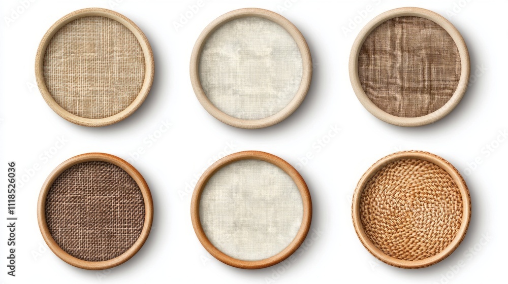 Poster A stunning collection of woven trays featuring unique textures and colors is meticulously arranged, creating an elegant visual display. Each tray highlights natural materials and craftsmanship