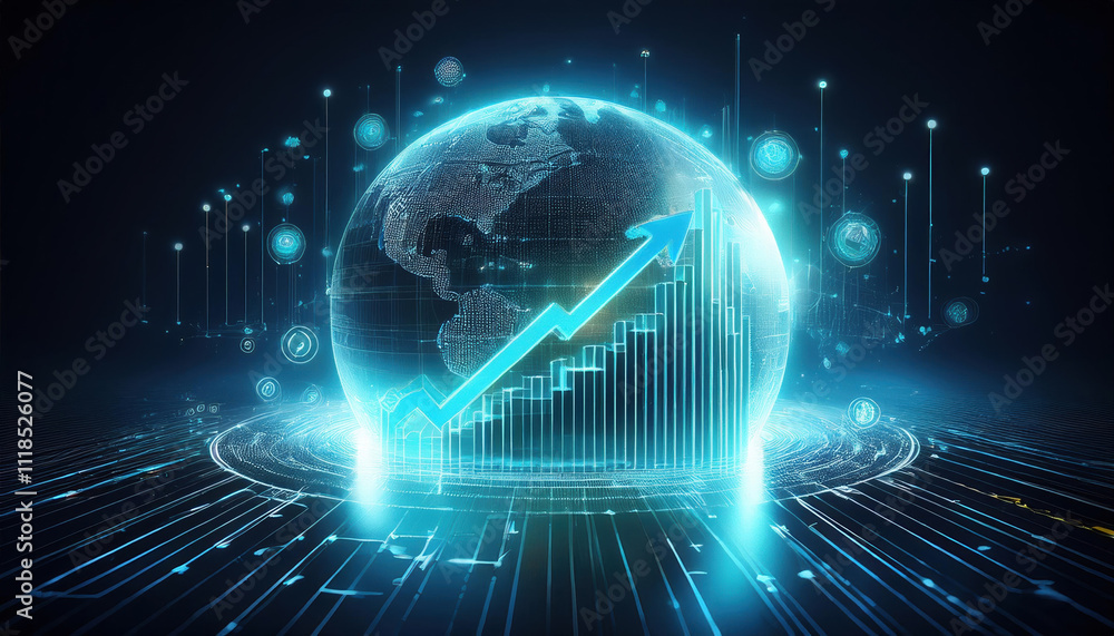 Poster conceptual illustration of growth graph emerging from digital globe, symbolizing progress and innova