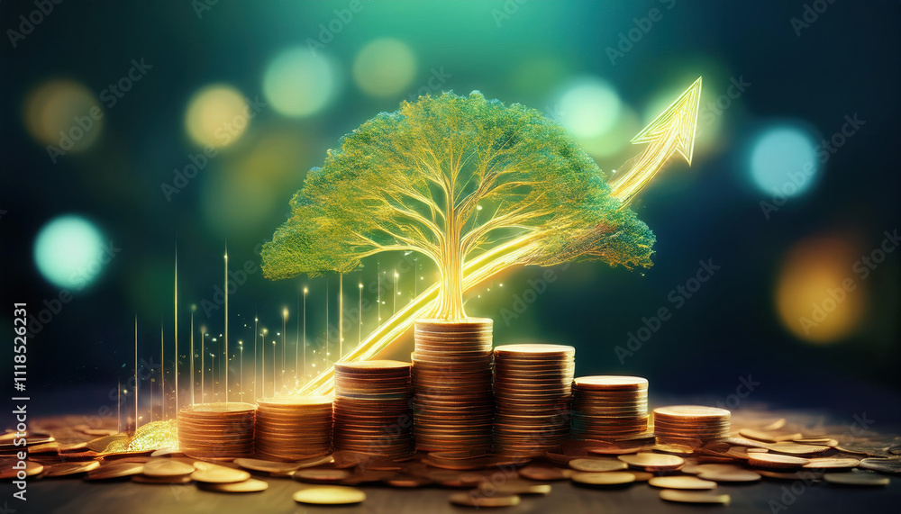 Poster conceptual image of glowing tree shaped like upward graph growing from pile of coins, symbolizing gr