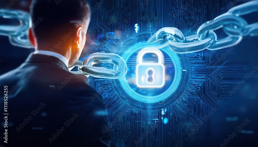 Poster conceptual representation of ransomware attack visualized as glowing chains locking digital data. im