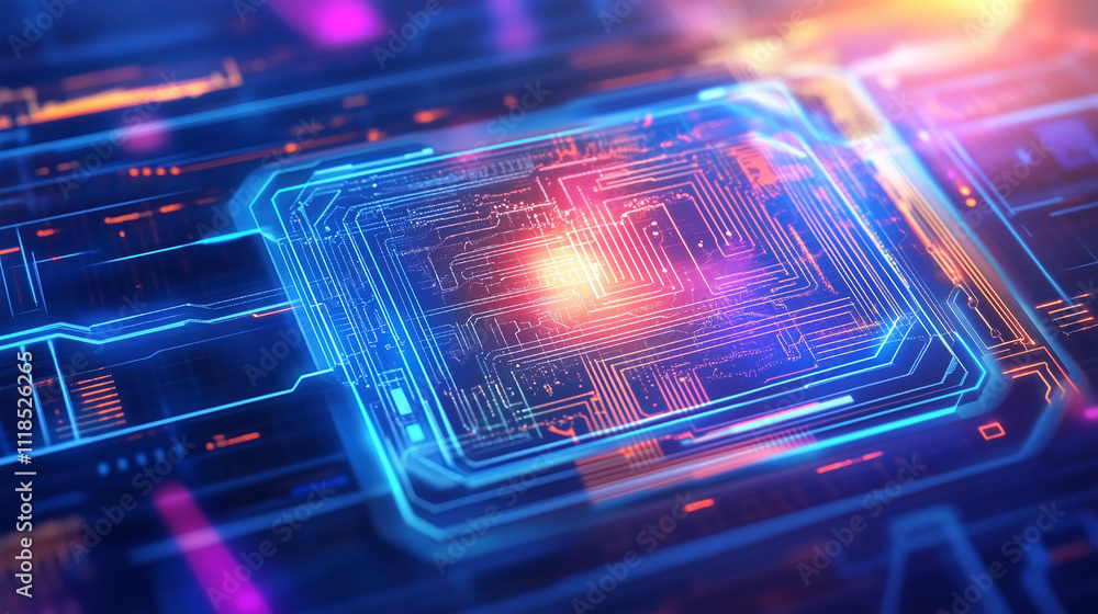 Poster a computer chip with a red light on it