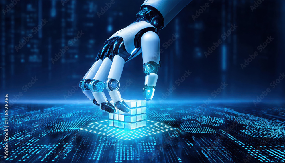Poster robotic hand assembling glowing blue code blocks, symbolizing ai assisted technology and innovation 