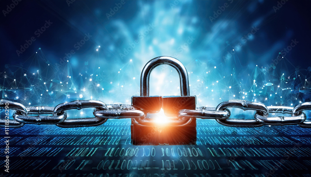Poster conceptual representation of ransomware attack visualized as glowing chains locking digital data. im