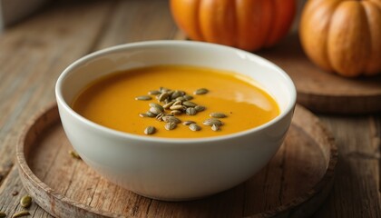 Rustic pumpkin soup in a white bowl, topped with roasted pumpkin seeds and a drizzle of olive oil, placed on a wooden tray, warm natural light, cozy and nutritious composition