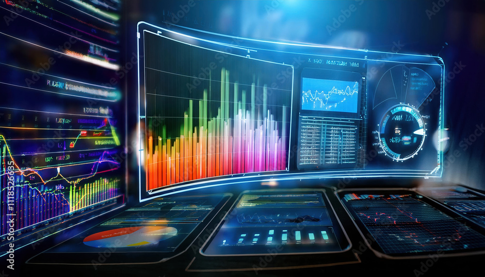 Poster digital screen displaying detailed growth graph with colorful annotations, showcasing data analysis 