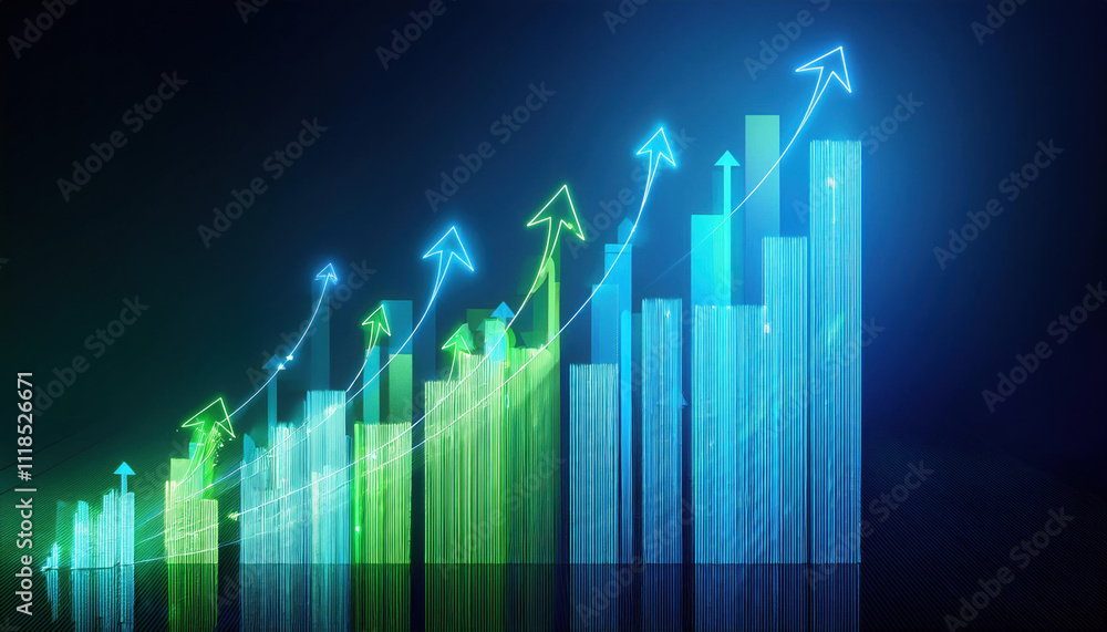 Poster dynamic bar chart glowing in shades of green and blue, with upward arrows symbolizing growth and pro