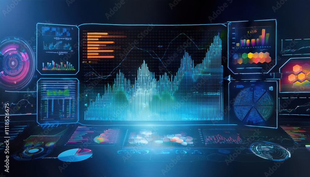 Poster digital screen displaying detailed growth graph with colorful annotations surrounded by various data