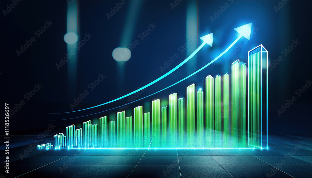 Aufkleber dynamic bar chart glowing in shades of green and blue, with upward arrows symbolizing growth and pro