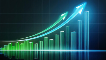 dynamic bar chart glowing in shades of green and blue, showcasing upward trends with arrows indicating growth and progress