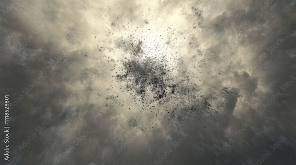 Poster particles emerge and scatter from a central point against a backdrop of tumultuous clouds, creating 