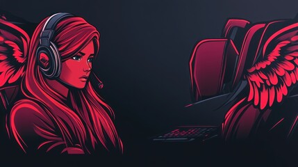 A stylized illustration of a female gamer wearing a headset, focused on gaming.