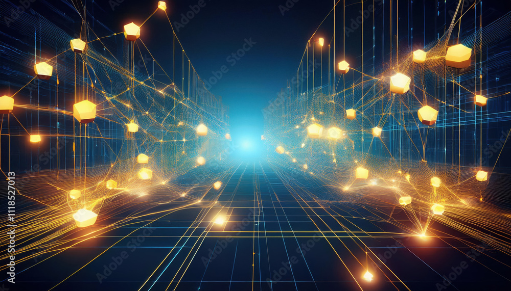 Poster glowing blockchain network with interconnected nodes and smart contracts, creating vibrant digital l