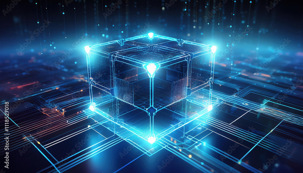 Poster glowing cube representing smart contract with streams of data flowing through it, symbolizing innova