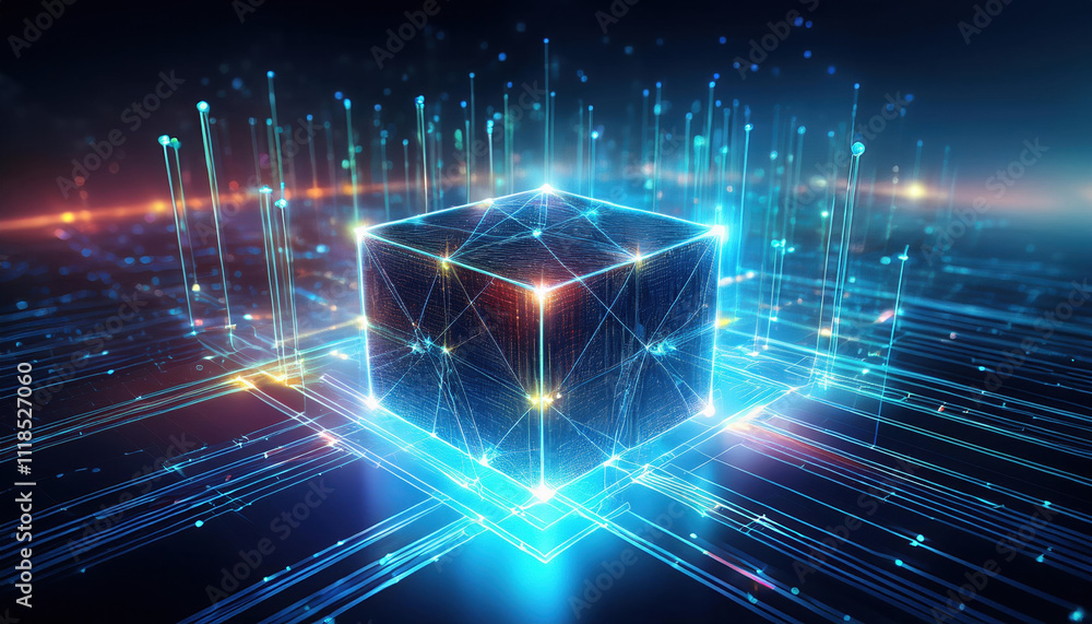 Poster glowing cube representing smart contract with streams of data flowing through it, symbolizing advanc