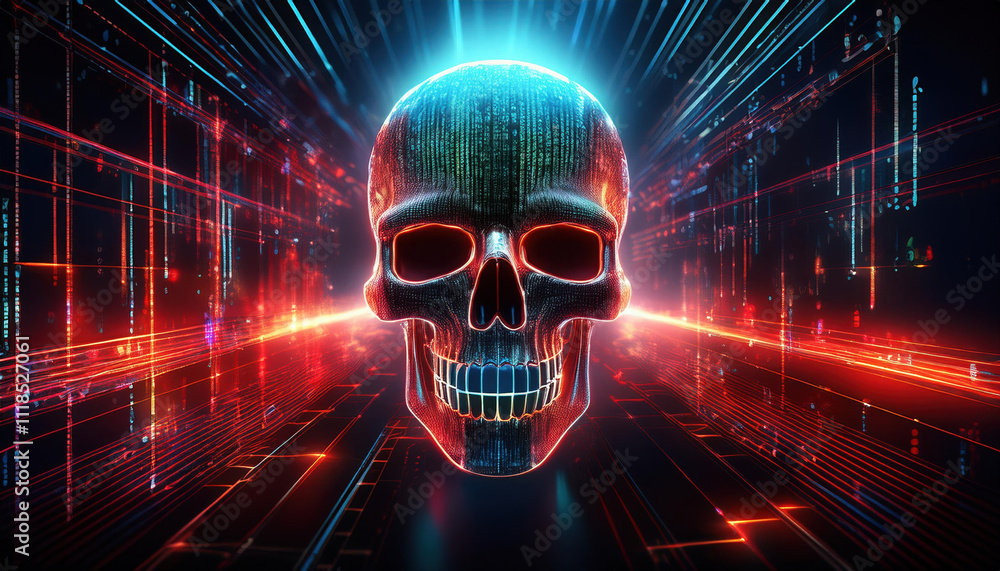 Poster glowing digital skull formed from binary code, floating ominously in dark void with red and blue lig