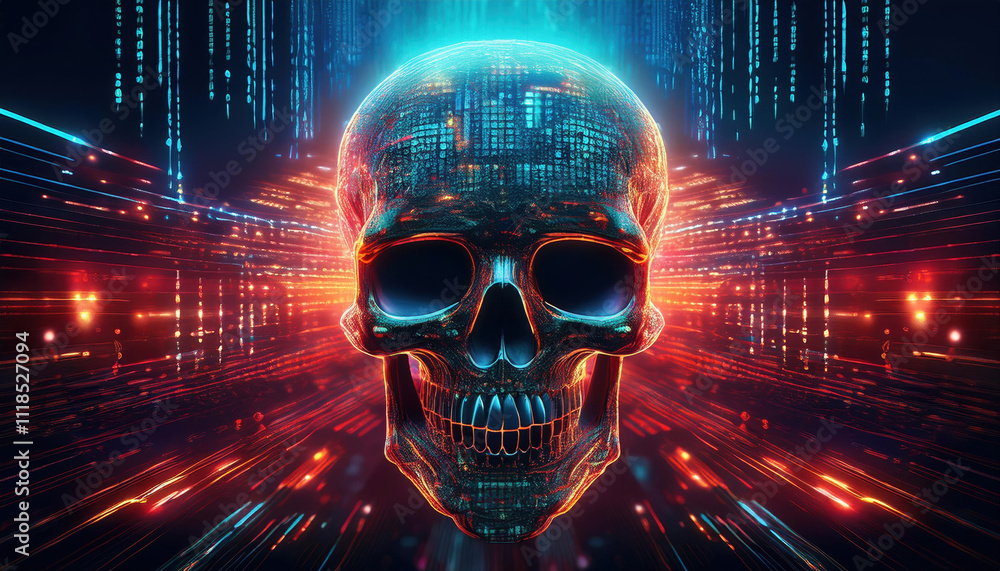 Poster glowing digital skull formed from binary code, floating ominously in dark void with vibrant red and 