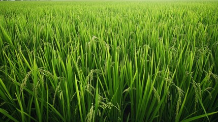 Obraz premium Lush green rice paddy field with young rice plants showing grains.