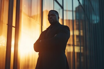 Man in suit, arms crossed, sunset backdrop.