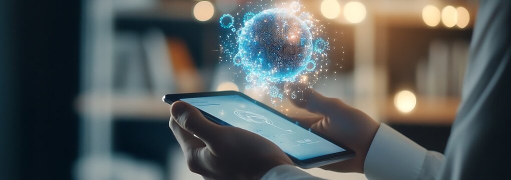 Businessman using a tablet with a digital hologram of an artificial intelligence and gears icon on a virtual screen for a business technology concept in a futuristic background. AI GENERATED