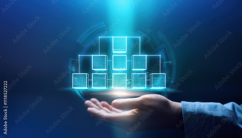 Poster glowing flowchart forming in mid air with drag and drop components snapping together, showcasing inn