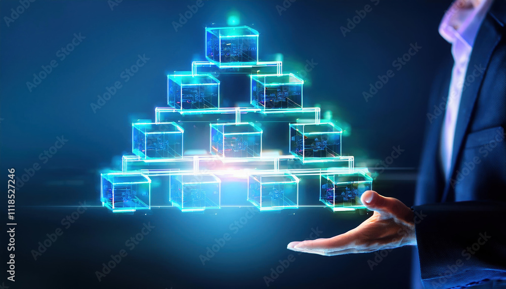Poster glowing flowchart forming in mid air with drag and drop components snapping together, showcasing fut