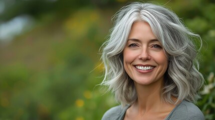 Naklejka premium Confident middle-aged woman with silver hair smiling in a serene outdoor setting