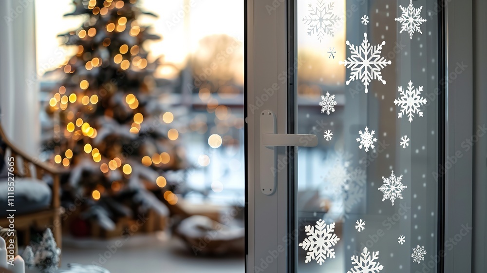Poster the window stickers featuring snowflakes in close-up with a hazy christmas tree in the background an