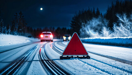 A sign on the road at night with bokeh in the background signalling an alert for drivers. Car on a slippery winter road