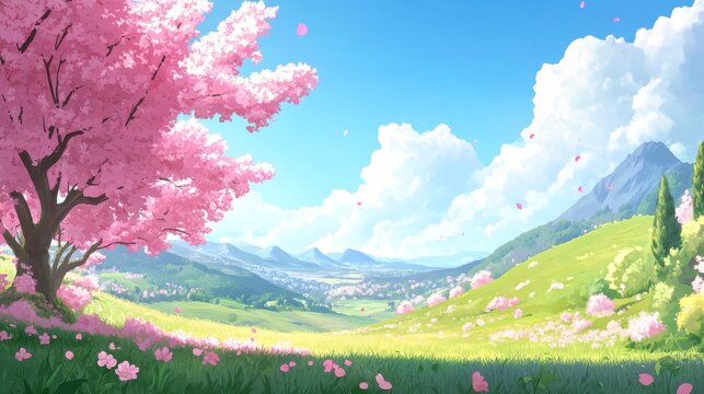 Beautiful fantasy spring nature landscape with cherry blossom tree - animated background in anime or cartoon illustration style, seamless looping