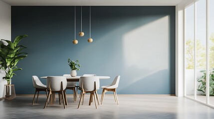 A dinning area with plants, tables, chairs and lamps in front of blue wall.