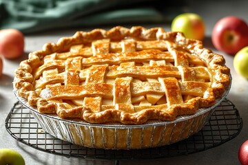 food photography of classic apple pie with golden crust cooling on wire rack with apples scattered nearby for national