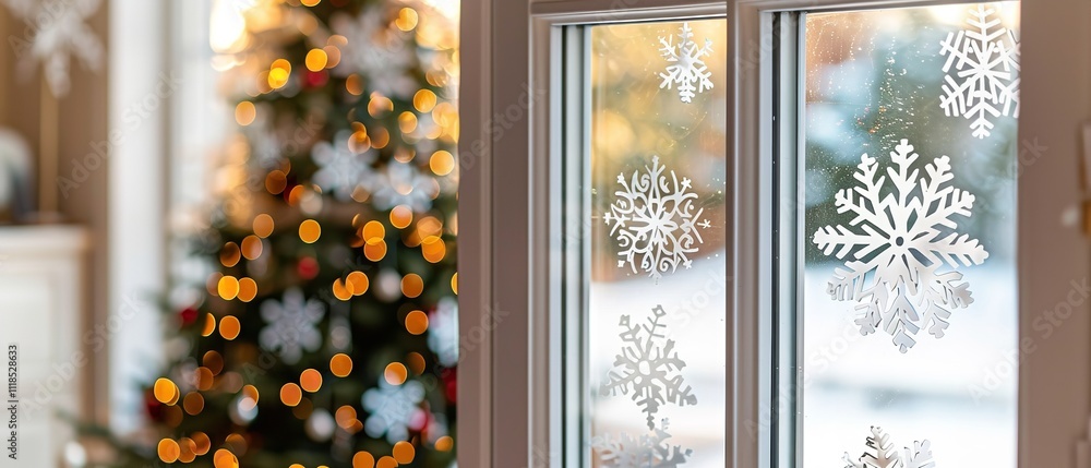 Poster the window stickers featuring snowflakes in close-up with a hazy christmas tree in the background an