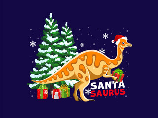Festive Santa dinosaur holding gifts by Christmas tree. Cartoon vector cheerful corythosaurus dino animal sending playful greetings, exudes holiday spirit, fun, and quirky prehistoric New Year vibes