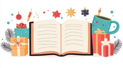 Festive scene with open book and gifts.