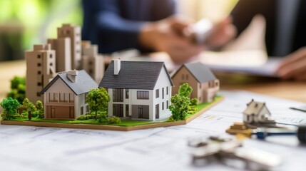 A scale model of houses on architectural plans, indicating real estate development.