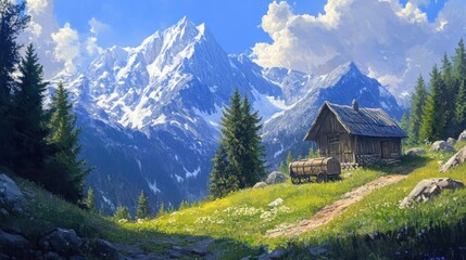 A serene mountain landscape featuring a rustic cabin and lush greenery under a clear sky.