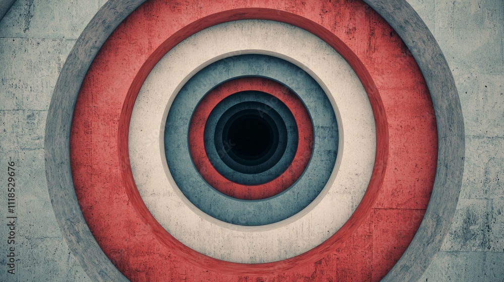 Poster a concentric circle design featuring red, white, and gray tones, creating a striking visual effect w