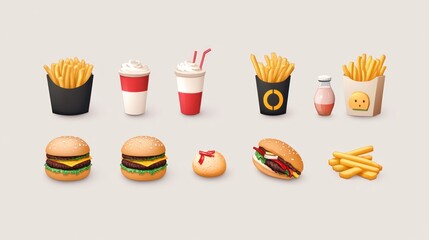 A collection of food and drink emojis, including burgers, fries, and beverages.