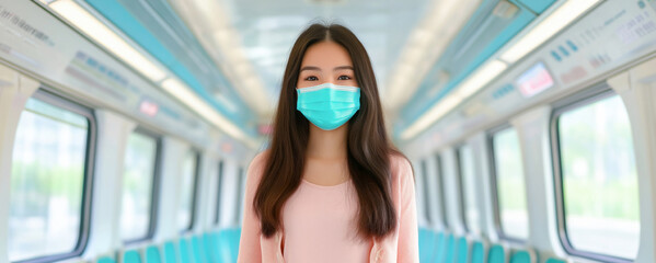 Young asian woman wearing medical mask stands confidently in a subway carriage during a bright daytime commute