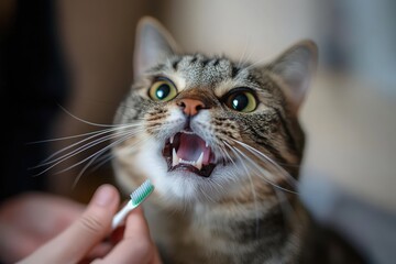 Cat with open mouth ready for dental cleaning, owner holding toothbrush.