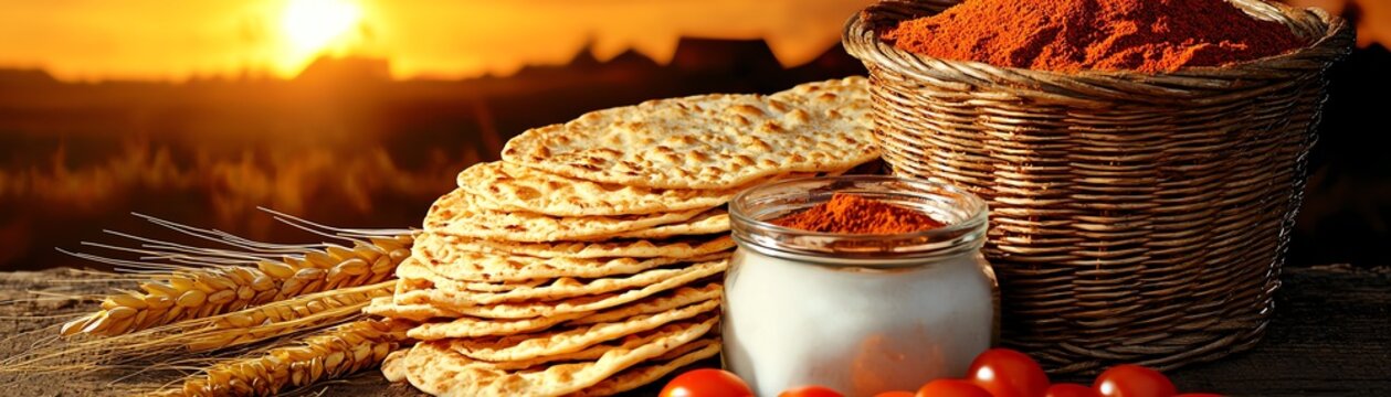 Ethiopian chechebsa shredded bread with berbere spice, displayed near a rustic village