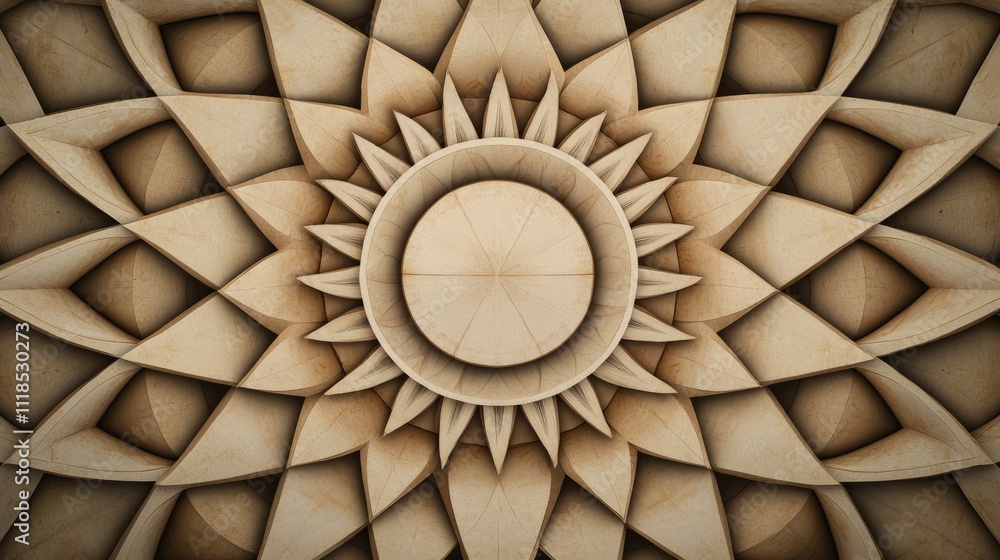 Poster a symmetrical geometric design featuring a central sun motif surrounded by intricate patterns and sh