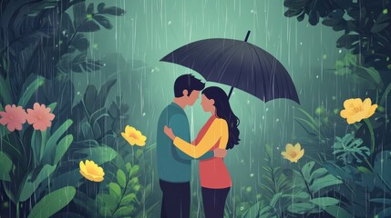 A couple embraces under an umbrella in a lush, rainy environment filled with flowers.